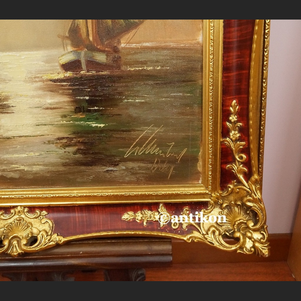 Stary obraz  olej marynistyka w złotej ramie 