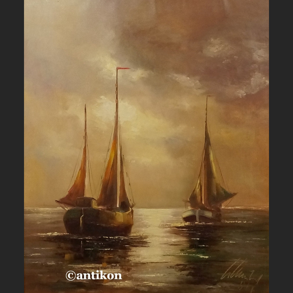 Stary obraz  olej marynistyka w złotej ramie 