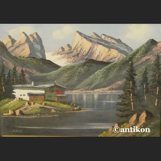 Pejzaż górski obraz olejny z chatą 