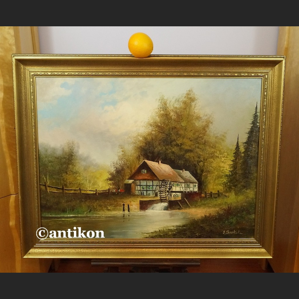 Malarstwo aukcyjne stary obraz młyn wodny