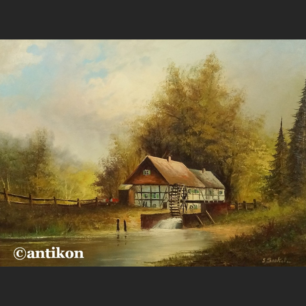 Malarstwo aukcyjne stary obraz młyn wodny