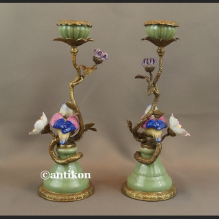 Para świeczników z ptaszkami porcelana z brązem cudowne Para świeczników z ptaszkami porcelana z brązem cudowne