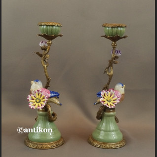 Para świeczników z ptaszkami porcelana z brązem cudowne Para świeczników z ptaszkami porcelana z brązem cudowne