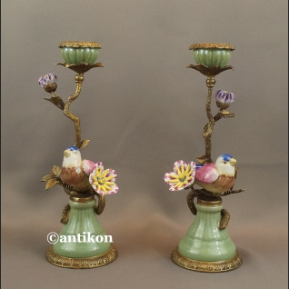 Para świeczników z ptaszkami porcelana z brązem cudowne 