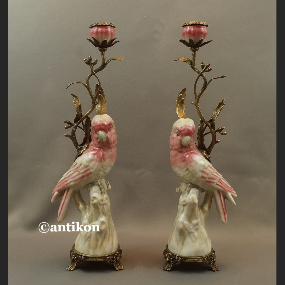 Świeczniki z papugami para porcelanowe ogromne Świeczniki z papugami para porcelanowe ogromne