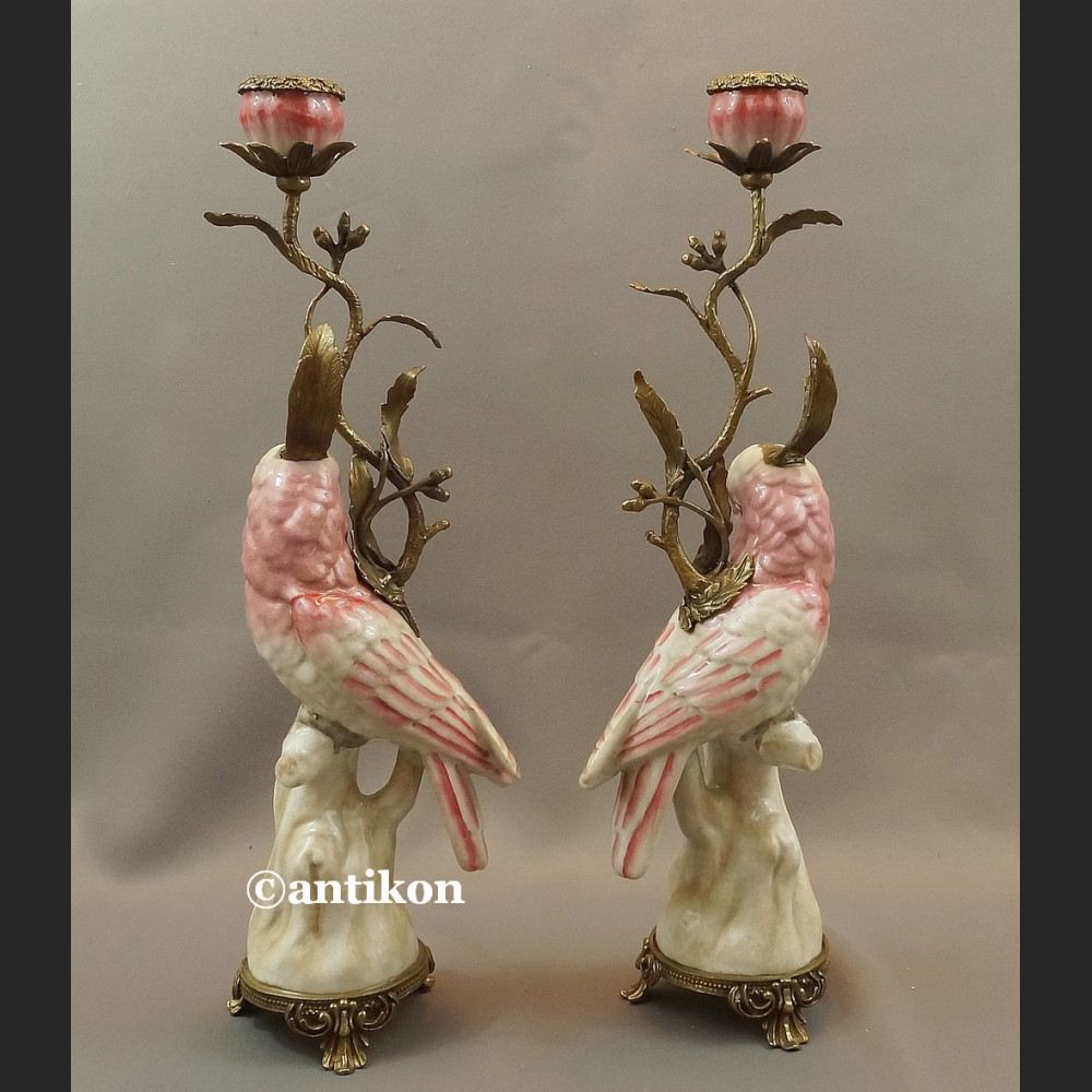 Świeczniki z papugami para porcelanowe ogromne Świeczniki z papugami para porcelanowe ogromne