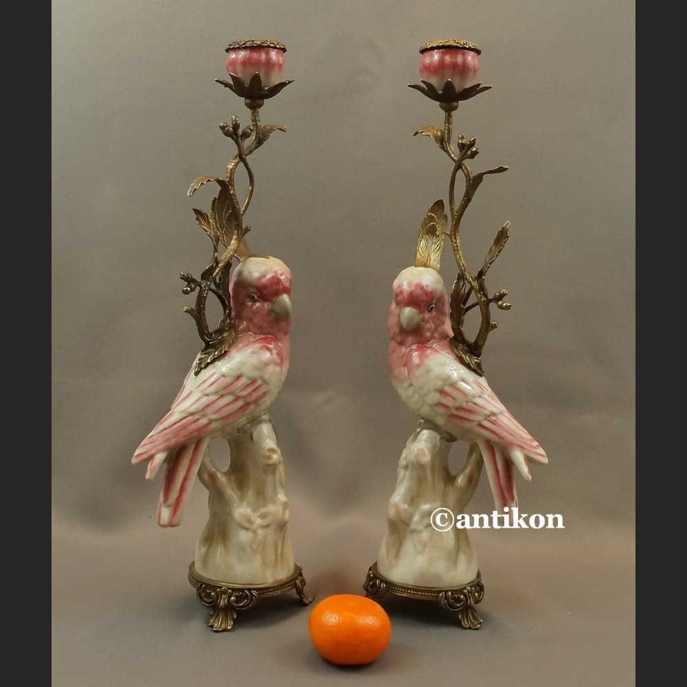 Świeczniki z papugami para porcelanowe ogromne Świeczniki z papugami para porcelanowe ogromne