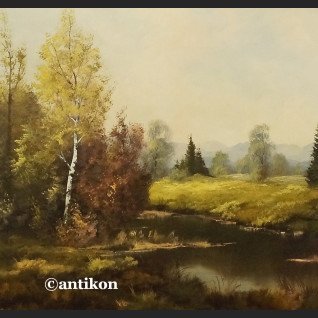 Stary obraz olejny Pejzaż z rzeką i brzozami  Stary obraz olejny Pejzaż z rzeką i brzozami