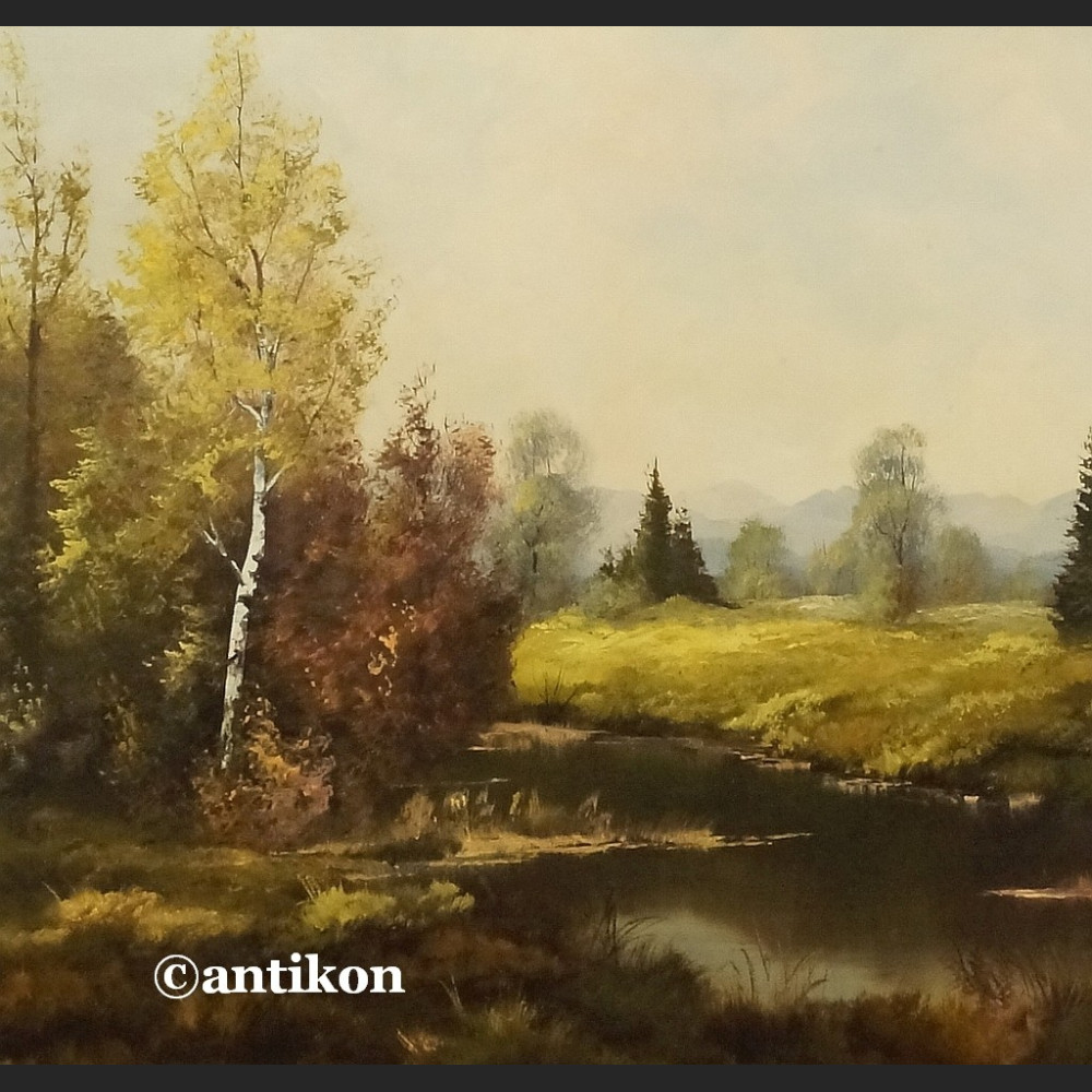 Stary obraz olejny Pejzaż z rzeką i brzozami  Stary obraz olejny Pejzaż z rzeką i brzozami