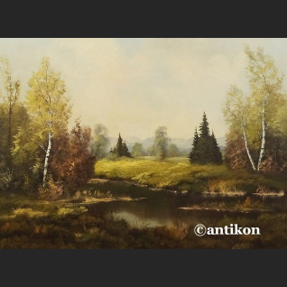 Stary obraz olejny Pejzaż z rzeką i brzozami  Stary obraz olejny Pejzaż z rzeką i brzozami