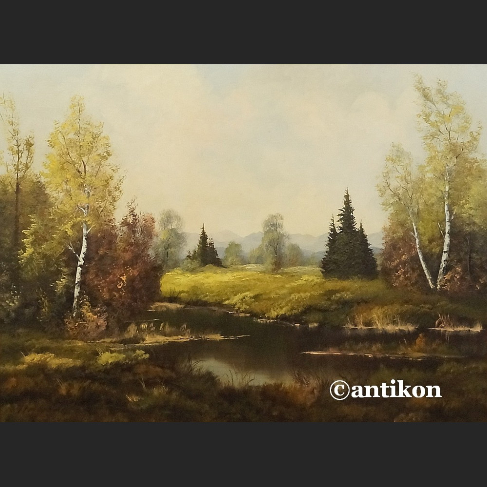 Stary obraz olejny Pejzaż z rzeką i brzozami  Stary obraz olejny Pejzaż z rzeką i brzozami