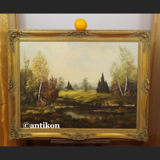 Stary obraz olejny Pejzaż z rzeką i brzozami 