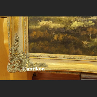 Stary obraz olejny Pejzaż z rzeką i brzozami  Stary obraz olejny Pejzaż z rzeką i brzozami