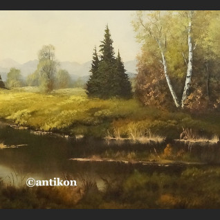 Stary obraz olejny Pejzaż z rzeką i brzozami  Stary obraz olejny Pejzaż z rzeką i brzozami