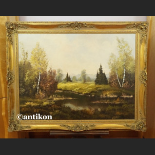 Stary obraz olejny Pejzaż z rzeką i brzozami  Stary obraz olejny Pejzaż z rzeką i brzozami