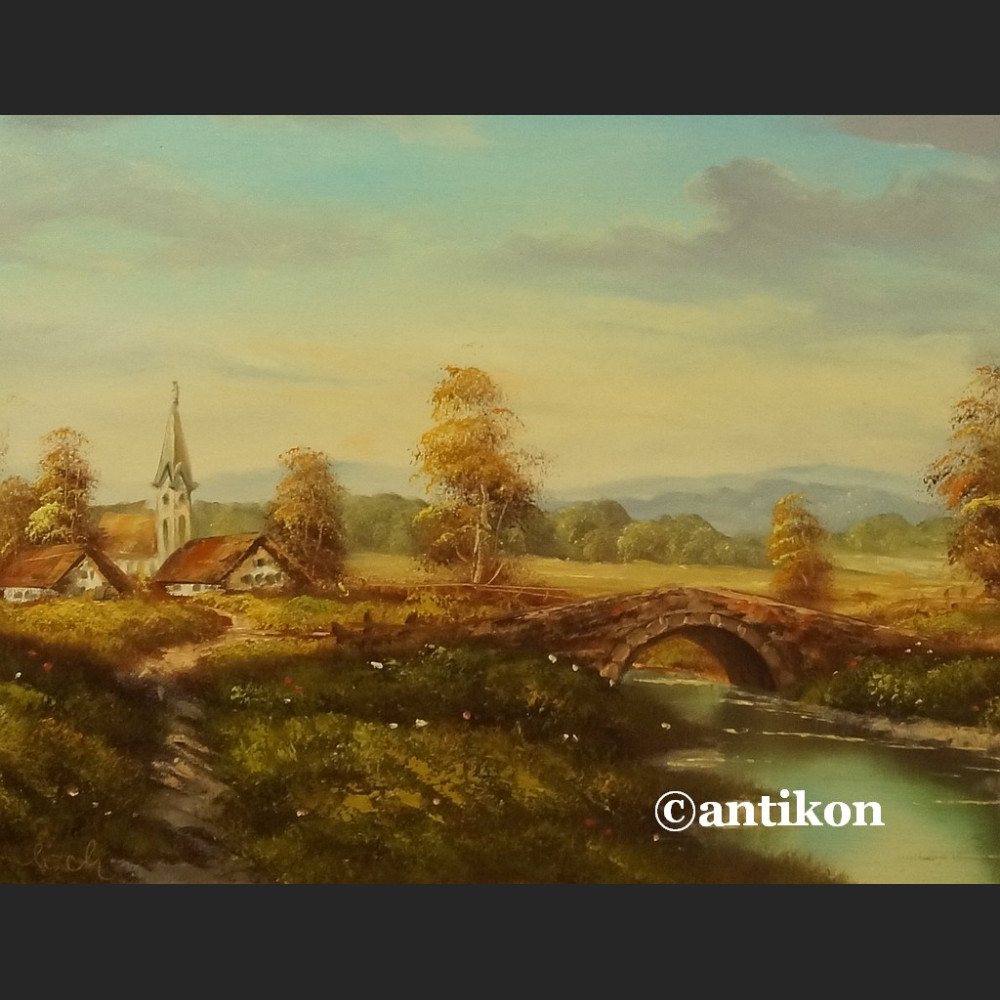 Malarstwo aukcyjne wspaniały pejzaż z mostkiem 