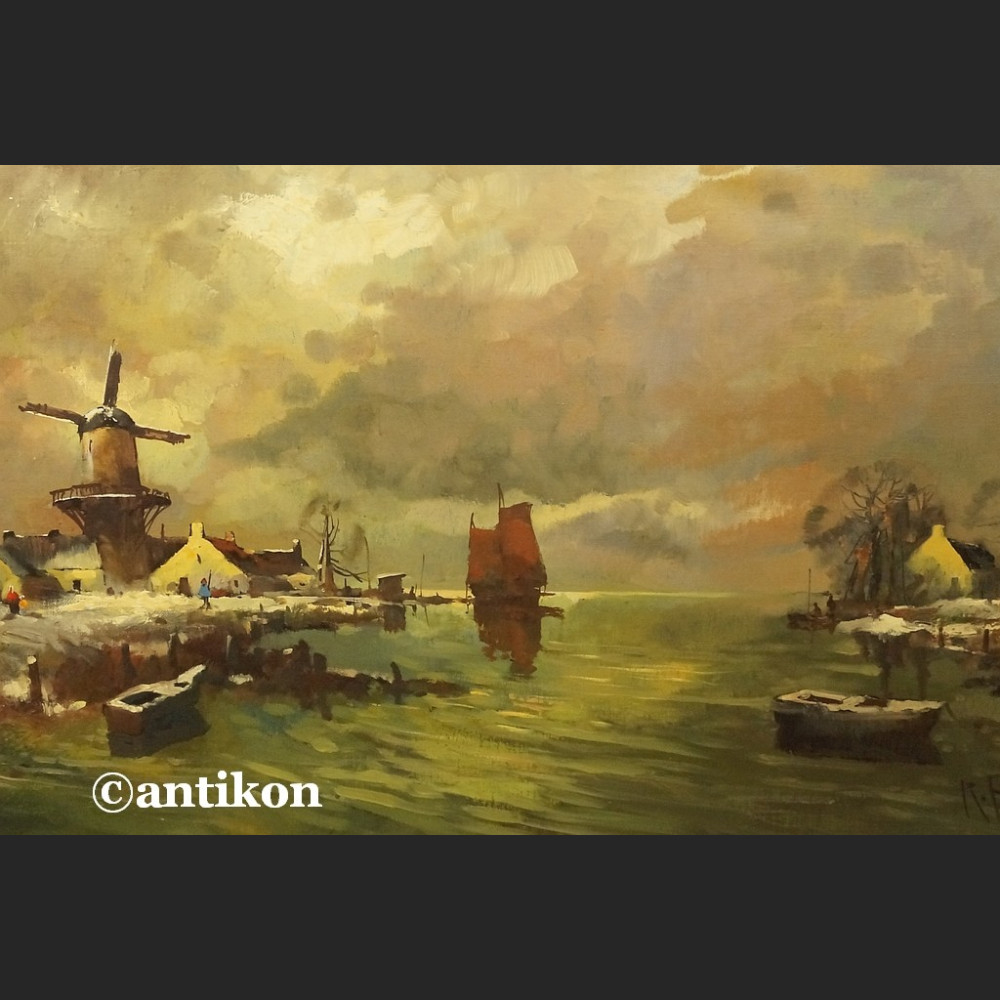 Obraz olejny impresja z wiatrakiem holender 