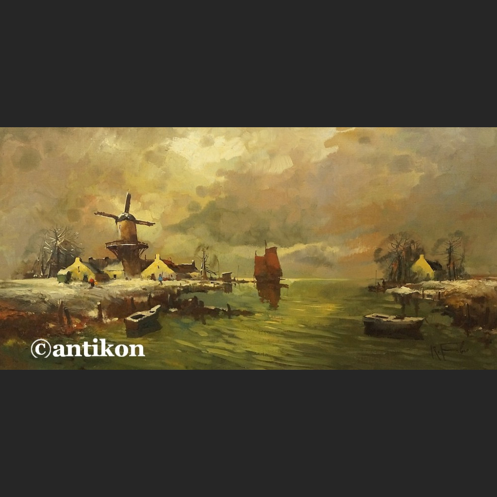 Obraz olejny impresja z wiatrakiem holender 