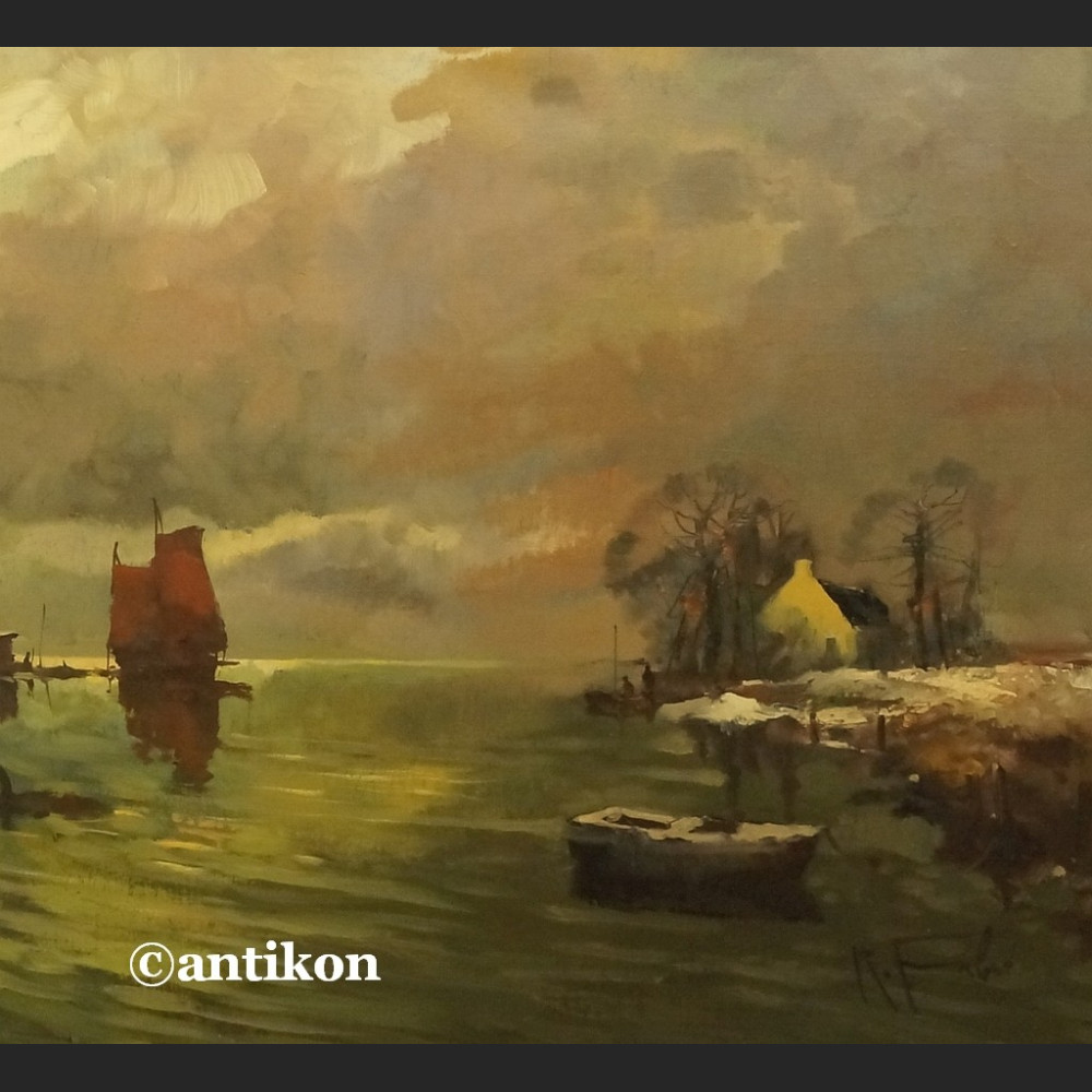 Obraz olejny impresja z wiatrakiem holender 