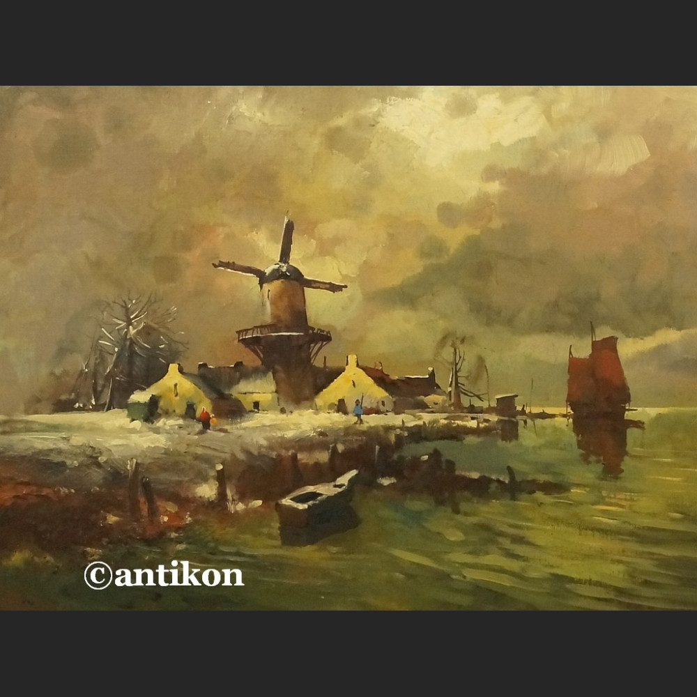Obraz olejny impresja z wiatrakiem holender 