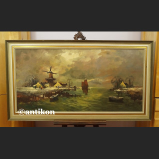 Obraz olejny impresja z wiatrakiem holender 