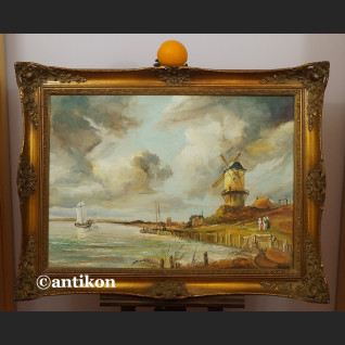 Obraz olejny z wiatrakiem rama kossakówka  Obraz olejny z wiatrakiem rama kossakówka