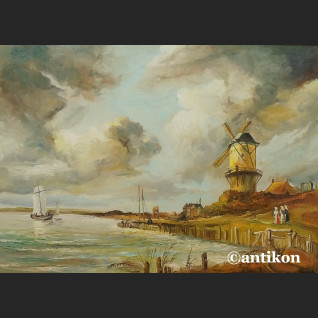 Obraz olejny z wiatrakiem rama kossakówka  Obraz olejny z wiatrakiem rama kossakówka