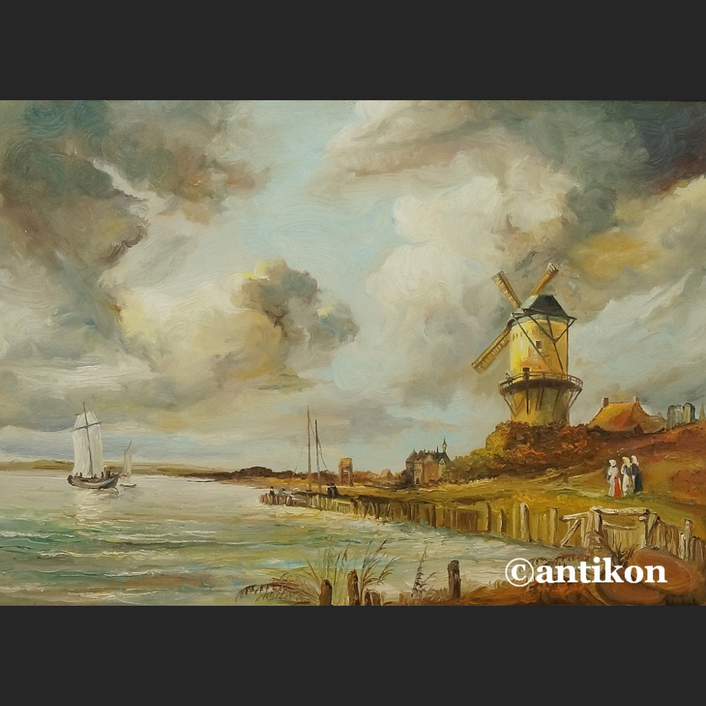 Obraz olejny z wiatrakiem rama kossakówka  Obraz olejny z wiatrakiem rama kossakówka