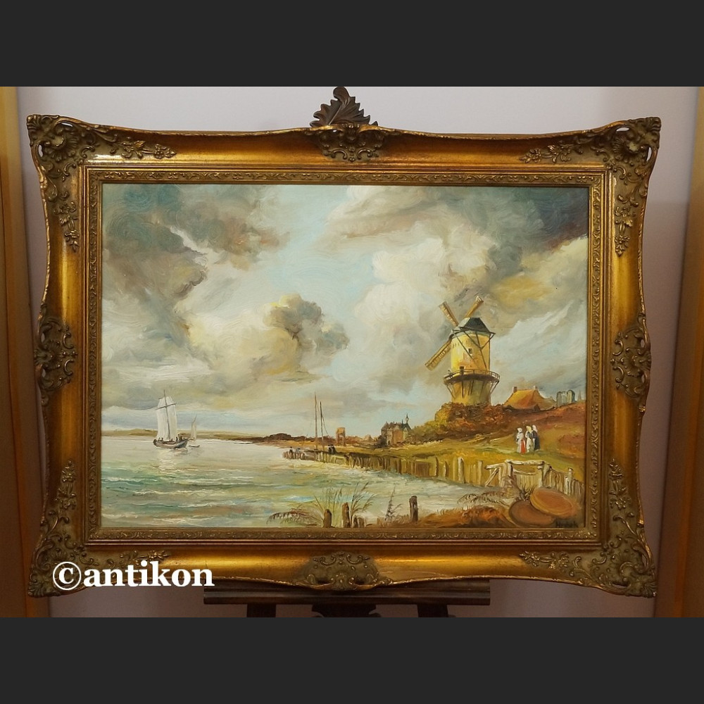 Obraz olejny z wiatrakiem rama kossakówka  Obraz olejny z wiatrakiem rama kossakówka