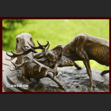 Myślistwo łowiectwo dwa jelenie w pojedynku wspaniały brąz ogromna rzeźba 