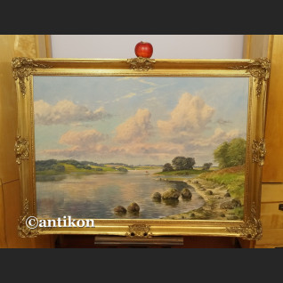 Obraz aukcyjny brzeg jeziora w stylowej ramie 