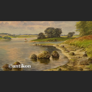 Obraz aukcyjny brzeg jeziora w stylowej ramie  Obraz aukcyjny brzeg jeziora w stylowej ramie