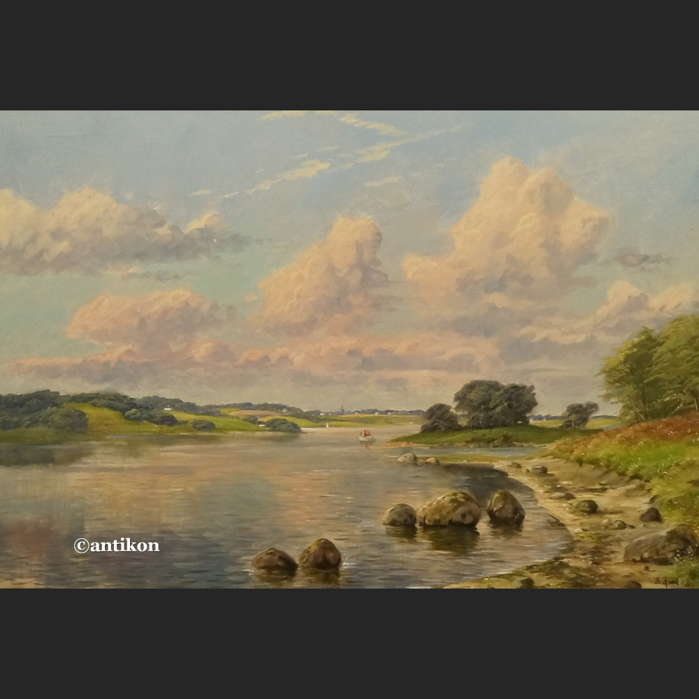 Obraz aukcyjny brzeg jeziora w stylowej ramie  Obraz aukcyjny brzeg jeziora w stylowej ramie