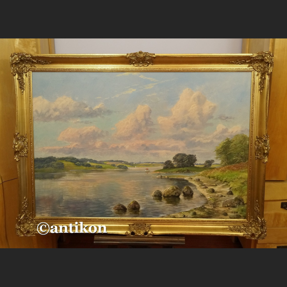 Obraz aukcyjny brzeg jeziora w stylowej ramie  Obraz aukcyjny brzeg jeziora w stylowej ramie