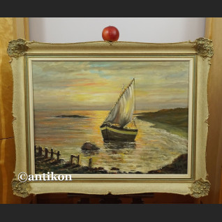 Brzeg morza o zachodzie słońca malarstwo olejne 