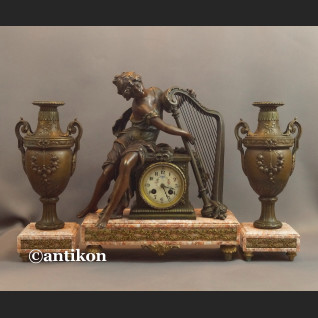 Zegar kominkowy antyk z figurą harfistki Francuz 