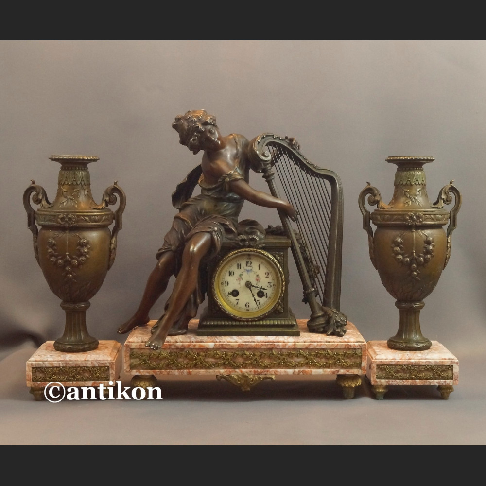 Zegar kominkowy antyk z figurą harfistki Francuz 
