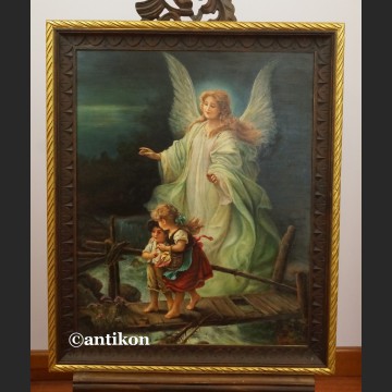 Anioł Stróż z dziećmi na kładce obraz olejny na desce