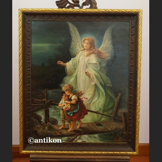 Anioł Stróż z dziećmi na kładce obraz olejny na desce 