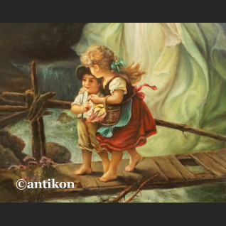 Anioł Stróż z dziećmi na kładce obraz olejny na desce Anioł Stróż z dziećmi na kładce obraz olejny na desce