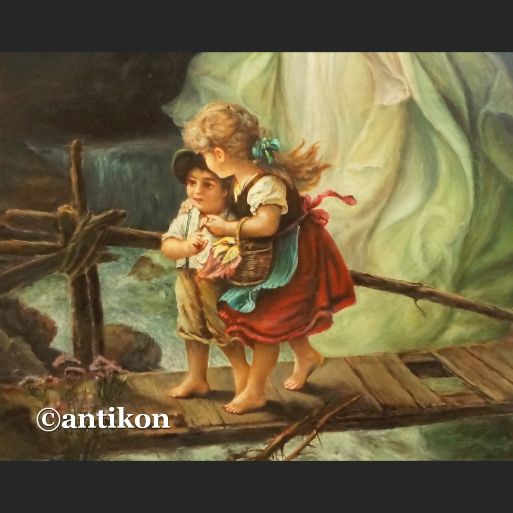 Anioł Stróż z dziećmi na kładce obraz olejny na desce Anioł Stróż z dziećmi na kładce obraz olejny na desce