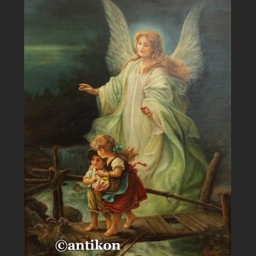 Anioł Stróż z dziećmi na kładce obraz olejny na desce