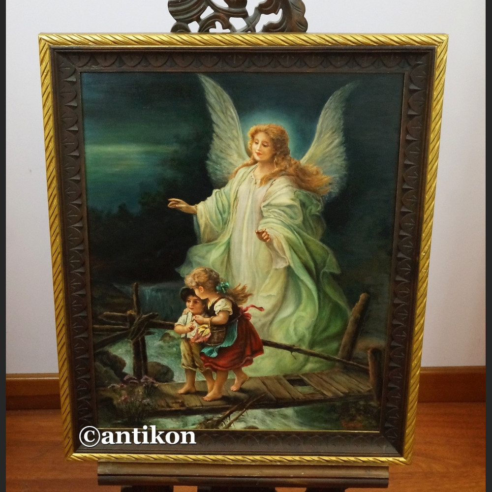 Anioł Stróż z dziećmi na kładce obraz olejny na desce Anioł Stróż z dziećmi na kładce obraz olejny na desce