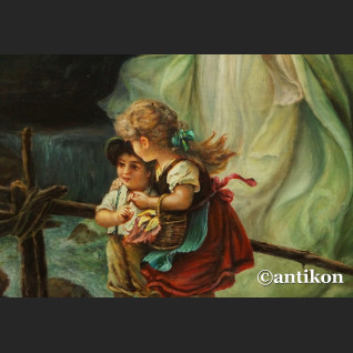 Anioł Stróż z dziećmi na kładce obraz olejny na desce Anioł Stróż z dziećmi na kładce obraz olejny na desce