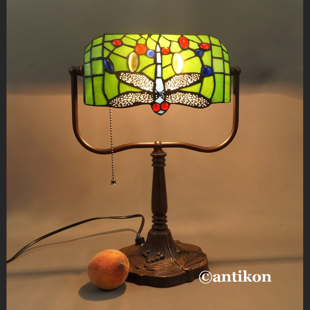Lampa bankierka zielona witrażowa z ważką Lampa bankierka zielona witrażowa z ważką