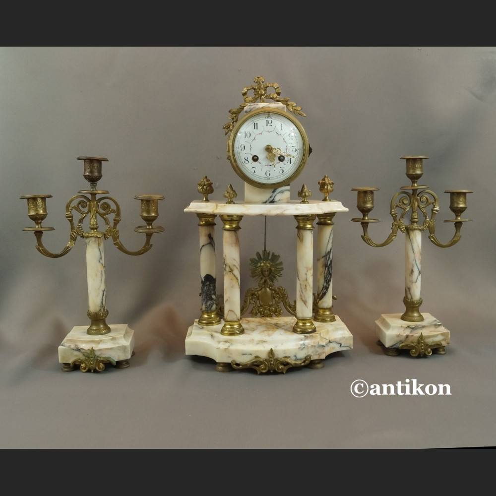 Zegar kominkowy antyk marmurowy ze świecznikami Francja 
