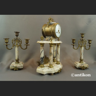 Zegar kominkowy antyk marmurowy ze świecznikami Francja 