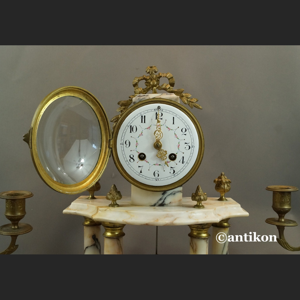 Zegar kominkowy antyk marmurowy ze świecznikami Francja 