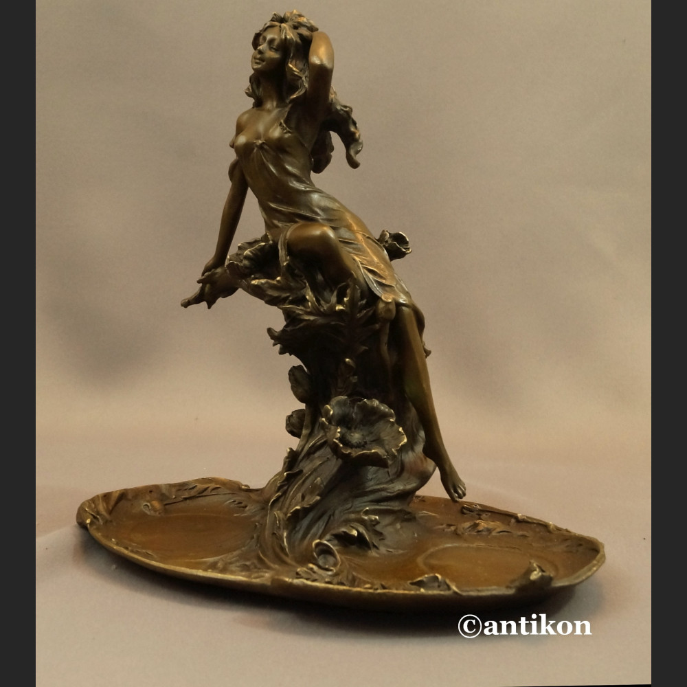 Patera secesyjna z nimfą prawdziwy brąz 