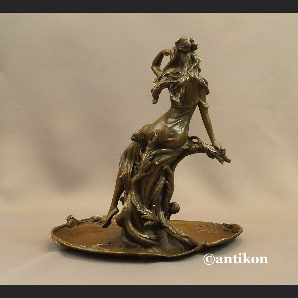 Patera secesyjna z nimfą prawdziwy brąz 